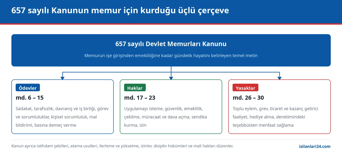 657 sayılı Kanunda memurun ödevleri, hakları ve yasakları şeması, madde numaralarıyla