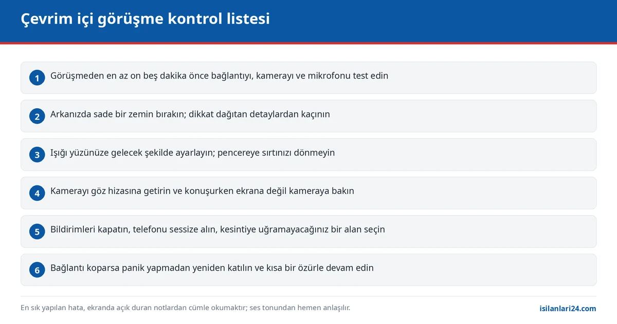 Çevrim içi iş görüşmesi kontrol listesi: bağlantı testi, zemin, ışık, kamera hizası ve bildirim ayarları